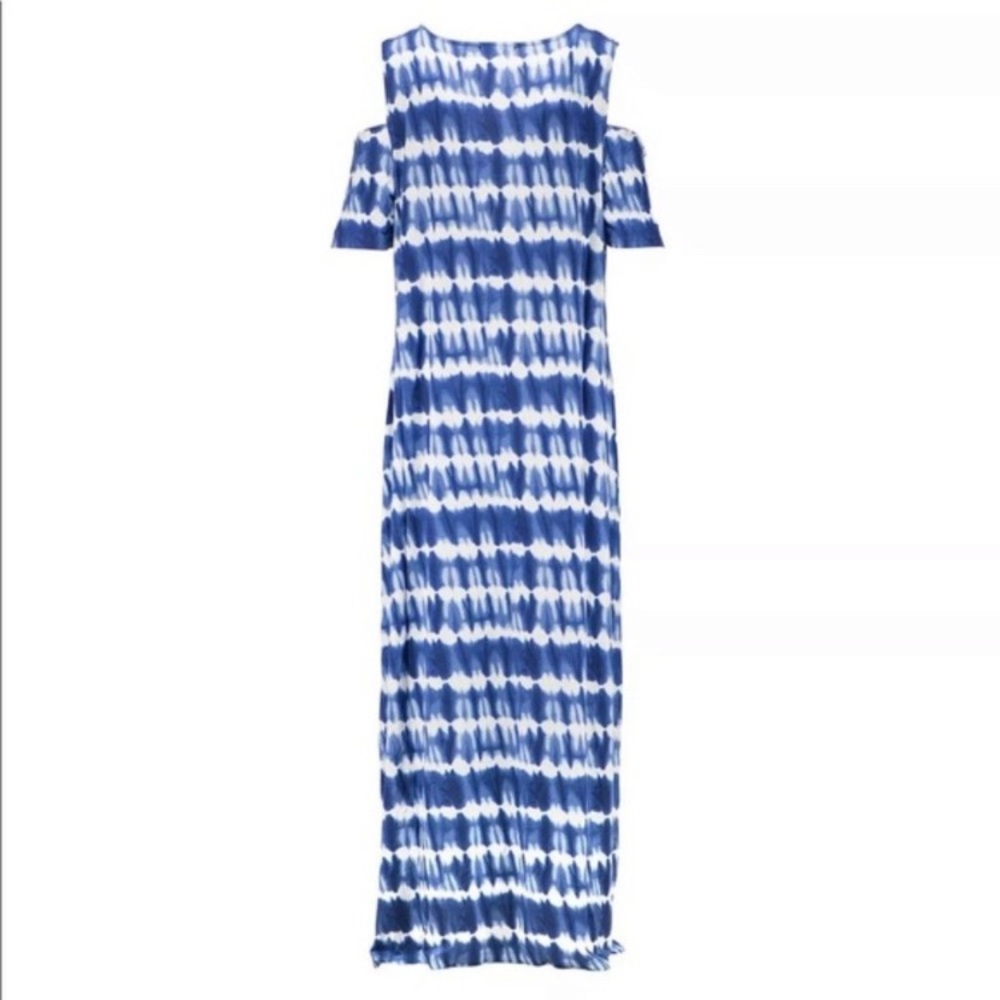 Design History blue and white tie dye maxi dress cold shoulder cut outs S
